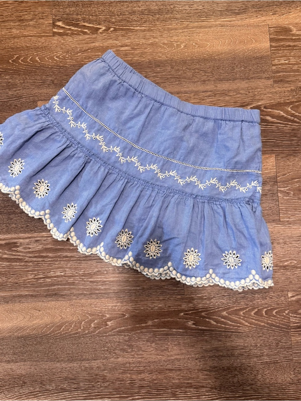 LoveShackFancy Light Blue Embroidered Ruffle Mini Skirt